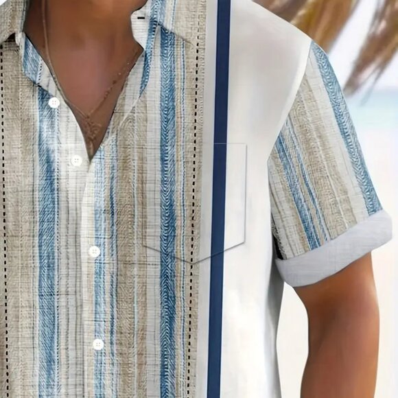 Vintage Bowling Pattern Water Ripple Print Men's Plus Size 3X Button-Up Shirt - Picture 4 of 6